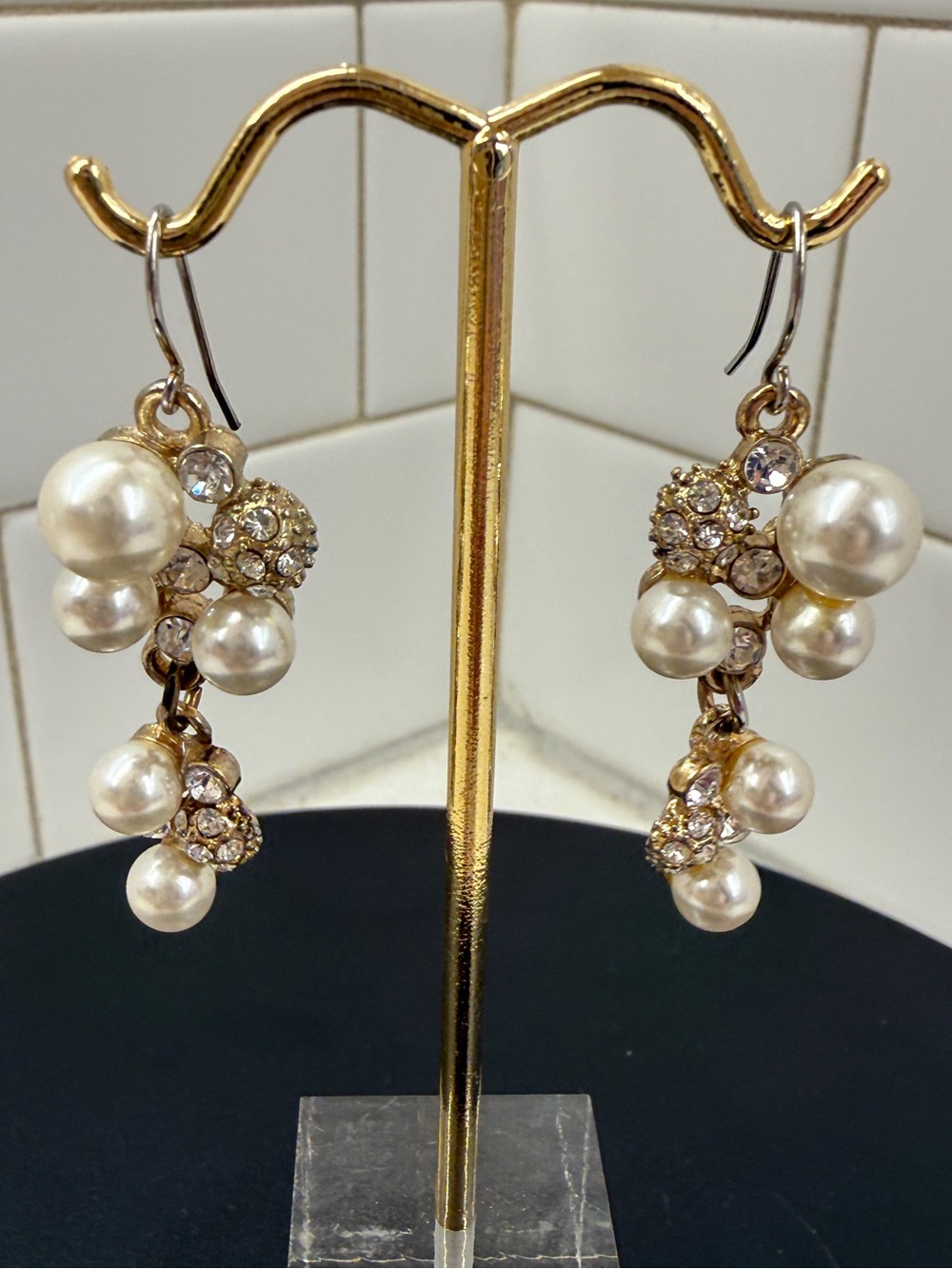 Faux Pearl Rhinestone Cluster Drop Earrings Gold Tone Bridal Glam